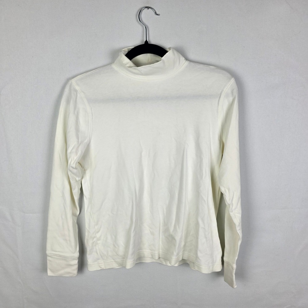 Lands End Womens Cream Off White Cotton Mock Neck Long Sleeve Top Small 6-8
